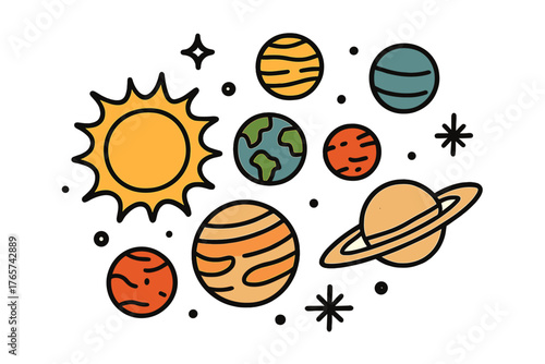Playful graphic arrangement of the solar system featuring Sun Earth and various planets