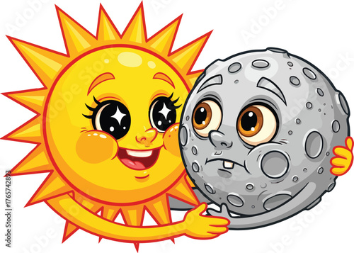 Cartoon sun hugging moon, vector illustration of friendship