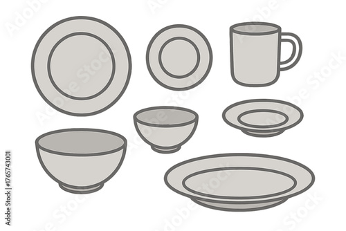 Set of essential kitchen crockery items including dinner plates, soup bowls, and a mug