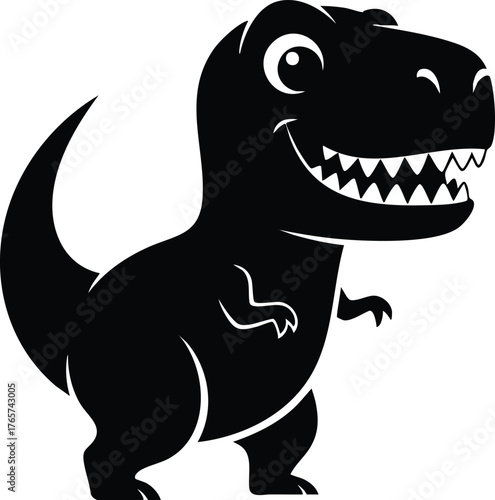 A cartoon tyrannosaurus rex with a big smile stands against white