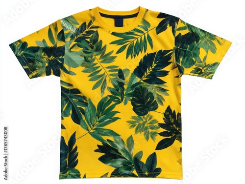 Yellow t shirt with green tropical leaves pattern isolated on white background