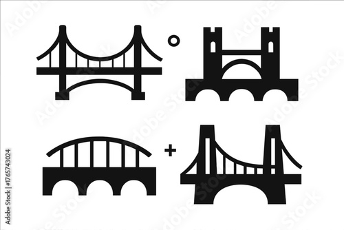 Four different black silhouette bridge designs showing various architectural structures