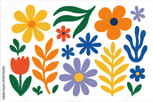 Vibrant abstract botanical shapes featuring colorful flowers and leaves