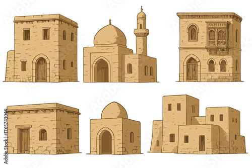 Traditional Middle Eastern and North African desert town buildings and architecture collection