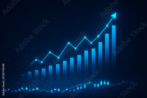 Financial success represented by glowing blue bar chart with rising arrow showing economic growth and market expansion