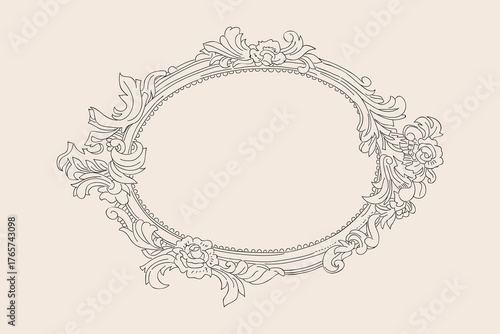 Elegant vintage oval frame with floral ornaments, decorative hand drawn border illustration for invitations, cards, and luxury branding design