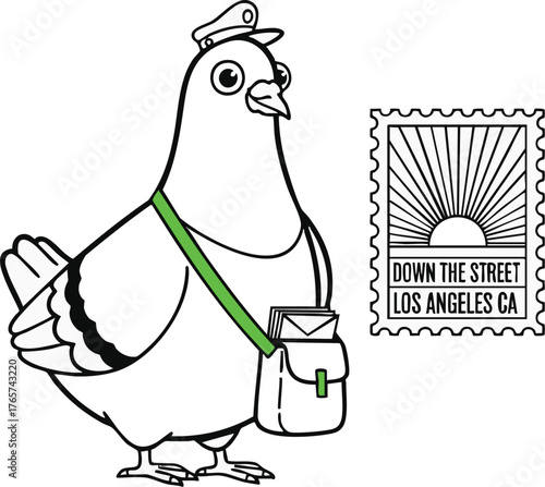 Pigeon postman wearing a hat and carrying a bag, next to a stamp