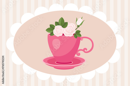 Pink teacup with roses and green leaves, cute floral illustration in pastel colors, elegant tea party artwork for cards, prints and invitations