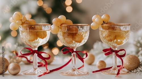 Twelve grapes in the glasses. Christmas tree background. Traditional Spanish twelve grape berries to eat for good luck at midnight. New Year's Eve