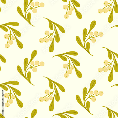 Seamless winter pattern with mistletoe branches and berries on a red isolated background. Elegant festive design for Christmas wrapping paper, textiles, and seasonal decoration projects.