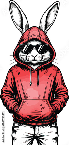 Cool rabbit in a red hoodie and sunglasses is standing up