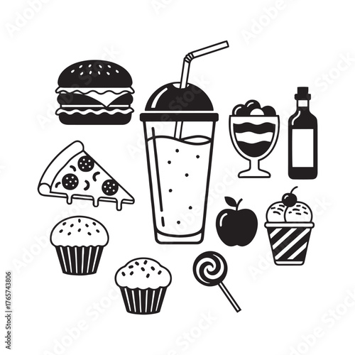 Fast food silhouette icons set.