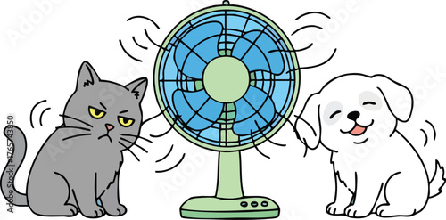 Cat and dog enjoying a fan on a hot day