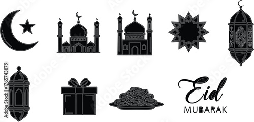 Stylish black silhouette icons for Eid Mubarak celebrations, Ramadan, and Islamic festivities
