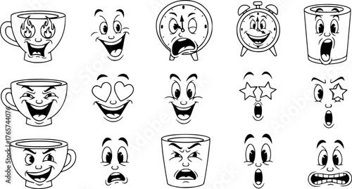 Retro 1930s facial expressions. Mascot faces for old animation characters, funny face with fire, heart and star shaped eyes vector set