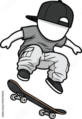 Skater kid doing a trick on a skateboard in cartoon style