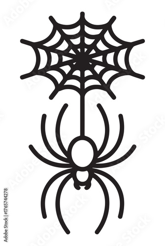 Minimalist spider and web icon simple flat vector design for Halloween isolated on white background
