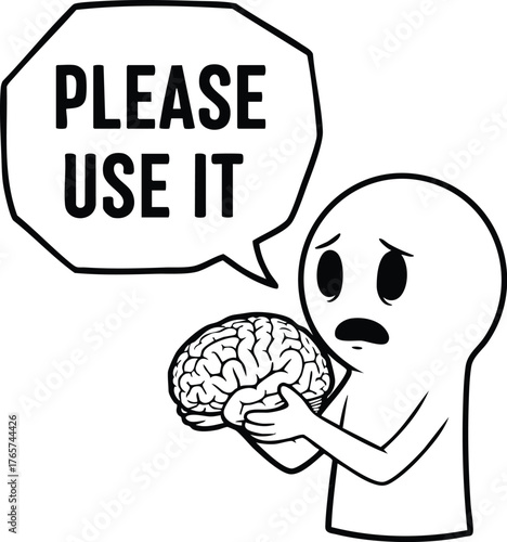Cartoon figure holding a brain and asking to use it
