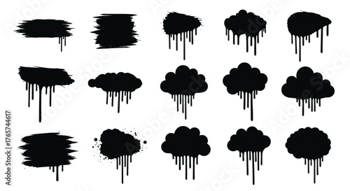 Black paint drip cloud and brush stroke vectors isolated on white background