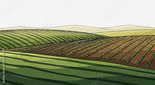 Green and Brown Fields on Rolling Hills Agricultural Landscape Illustration