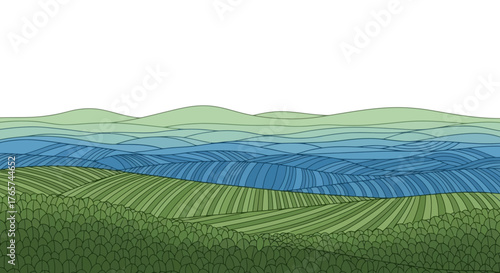 Abstract Landscape Illustration with Fields and Hills in Shades of Green and Blue