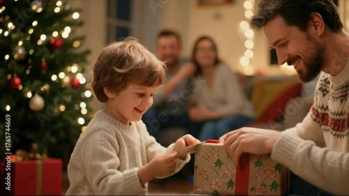 A father and son are exchanging a Christmas gift in a warm, festive living room setting. The young boy, with a look of pure joy on his face, is reaching for a beautifully wrapped present being offered