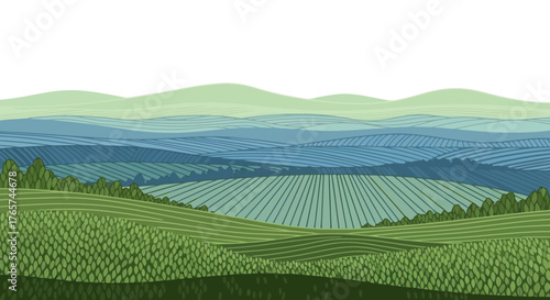Rolling Hills Landscape Illustration, Green Fields and Serene View