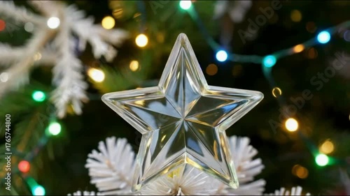 A hand placing a clear, star-shaped ornament on top of a Christmas tree. The background is blurred, showing branches and colorful lights of the tree, creating a festive and warm ambiance.
