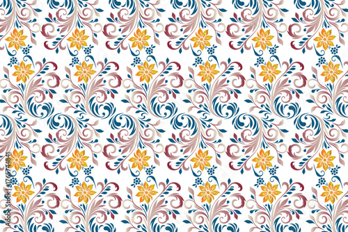 Vibrant Floral Pattern Design with Yellow, Green, and Purple Accents — Colorful Botanical Artwork for Wallpaper, Textile Fabric, Home Decor, and Seamless Background Use