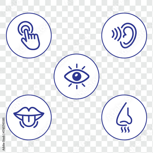 Five human senses editable stroke outline icons set isolated on white background flat vector illustration. eps 10
