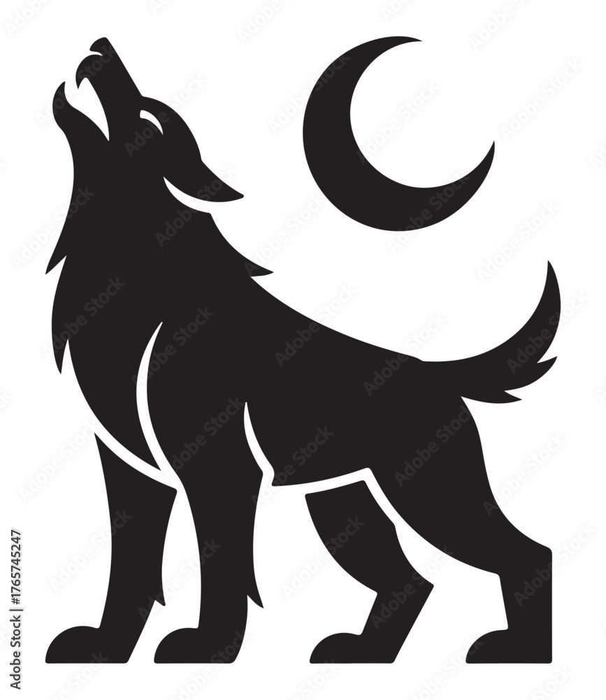 Fototapeta premium Silhouette of a howling wolf under the moon vector illustration in black and white perfect for logos and graphic design projects