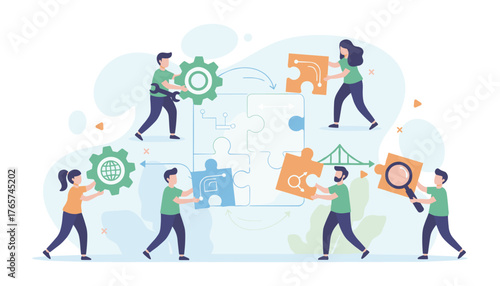 Diverse team of professionals collaborating to solve complex problems, assembling puzzle pieces representing ideas, strategy, and global connection, symbolizing teamwork, innovation, and business