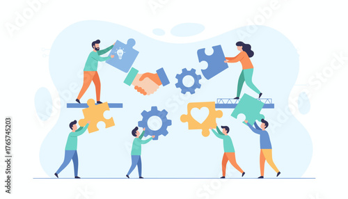 Vibrant illustration of diverse people collaborating to assemble a large jigsaw puzzle, symbolizing teamwork, idea generation, and problem-solving, with gears and a handshake representing business