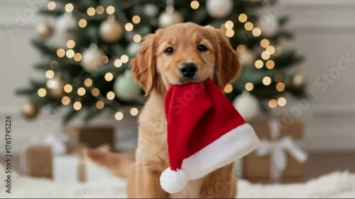 Adorable Golden Retriever Puppy with Santa Hat. A cute Golden Retriever puppy is sitting centered in front of a softly lit, decorated Christmas tree and presents. 