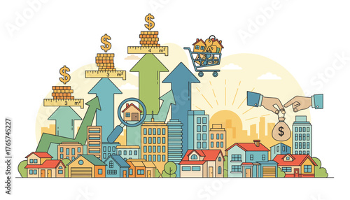 Conceptual illustration of real estate business growth, showing rising property values, investment, and the concept of buying and selling homes, with a cityscape and sunburst in the background.