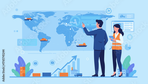 Global logistics and supply chain management concept with a team of professionals analyzing data on a world map, showcasing international shipping routes, cargo transport, and business growth