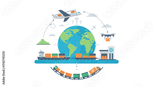 Global logistics network illustration featuring a stylized Earth at the center, connected by various modes of transportation including cargo ships, trains, airplanes, and drones, symbolizing