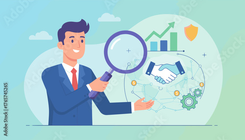 Business collaboration concept: a smiling businessman in a suit holds a magnifying glass, examining a handshake icon, gears, and financial growth charts, symbolizing trust, partnership, and strategic