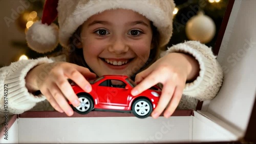 A smiling young girl, wearing a Santa hat and a knitted sweater, is looking into a box. Her hands are reaching in to take out a red toy car, suggesting a joyful Christmas morning surprise. 