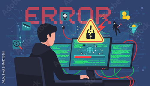 Cybersecurity threat concept: Hacker at computer with multiple monitors displaying error messages, broken lock warning sign, phishing hook, credit card, and digital currency tornado, illustrating