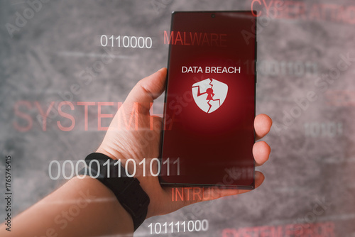 Cyberattack attempt on phone concept. Smartphone shows on screen a warning alert for data breach. Cyber security risk. 