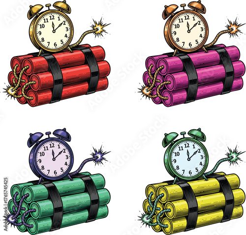 Colorful time bomb illustration, a dangerous explosive device