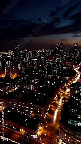 City Skyline with Highway Light Trails at Dusk. Vertical 4k Video