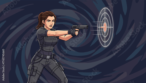 Dynamic cartoon illustration of a determined woman in tactical gear aiming a handgun with precision at a target, a bullet in mid-flight, set against a swirling dark background, symbolizing focus and