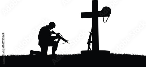 Soldier silhouette, battlefield tribute, kneeling soldierbattlefield loss, memorial respect, sacrifice