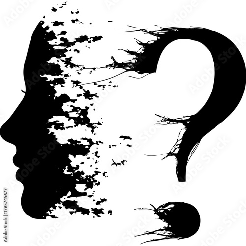 Mental health concept, symbolic image of identity crisis and confusion. Silhouette of face transforming into question mark. Abstract vector graphic on psychology, doubt and existential crisis.