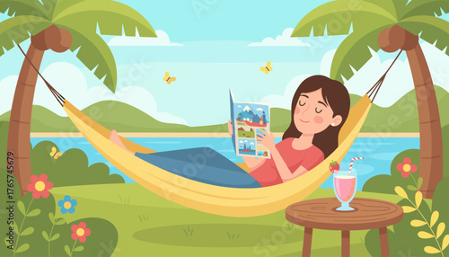 Serene woman relaxing in a yellow hammock between palm trees, reading a travel magazine, with a refreshing strawberry smoothie on a nearby table, surrounded by lush greenery and butterflies, evoking