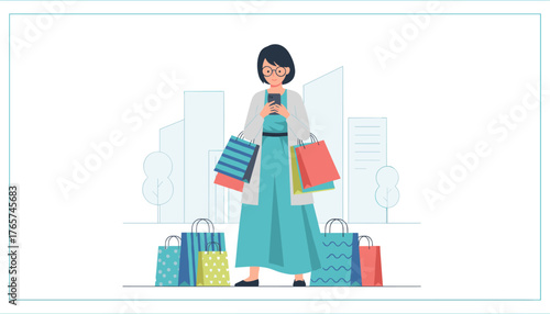 Modern woman with glasses holding a smartphone and many shopping bags in her hands, standing in front of abstract city buildings and trees, representing online shopping and consumerism in urban