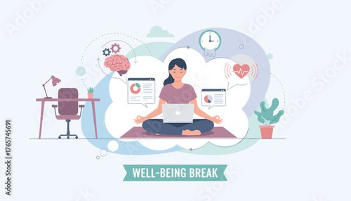 Mindful Work Break: Woman Meditating with Laptop, Brain, Heartbeat, Clock, and Charts Symbolizing Well-being and Productivity in a Modern Office Setting, Vector Illustration