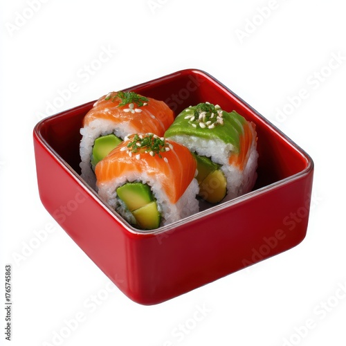 Three pieces of sushi rolls in a red square bowl isolated on white background